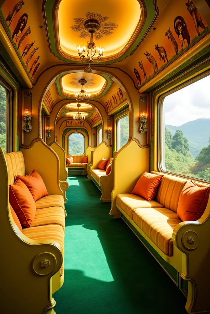  A detailed realistic photo of a train car ,  the wagon has a plush green carpet ,  the painting of the wagon is yellow with images of animals from the Lion King movie ,   there are several seats inspired by the Lion King movie the glass windows where you can see the Green Landscape.  Observation,   I want the wagon with depth ,  I want the perfect seats , As well as all the details ,  I want this train car to impress ren and adults entering this car ,  I want cute ,  decoration with light colors I want 10 seats in the Lion King's wagon with cushions 