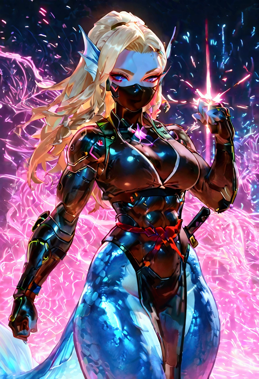 Female merfolk ninja, wearing ninja clothes, cyberpunk, sexy, well-toned abs, fighting with a bident