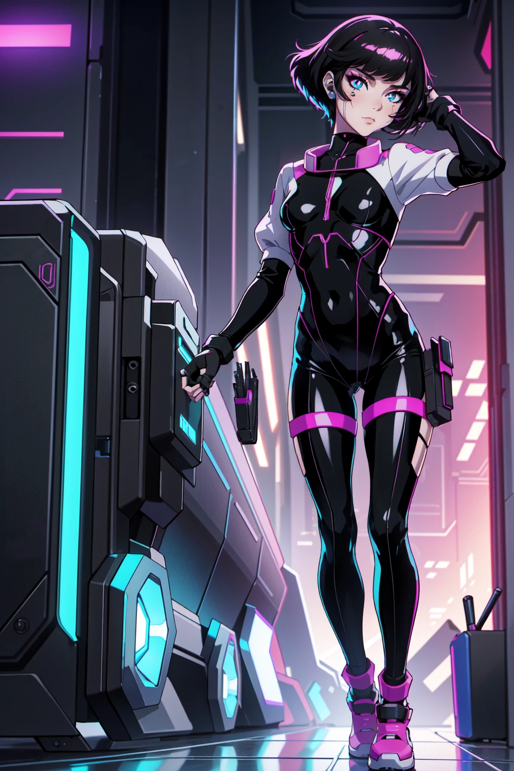 Create an illustration of Sasha from Cyberpunk: Edgerunners. She is a young netrunner with a slender and agile physique, reflecting her hacker lifestyle. Her hair is short, (black hair), messy, and brightly colored, often with neon highlights like electric blue or vibrant pink. Her (blue eyes) have a sharp, tech-enhanced glow, hinting at cybernetic implants. Sasha wears a sleek, tactical bodysuit designed for mobility and stealth, primarily in shades of black and dark gray, accented with neon lines that pulse softly with her netrunning activity. Her gloves are fingerless, exposing cybernetic fingertips perfect for interfacing with technology. Completing her look are combat boots and a utility belt filled with small hacking tools and gadgets. The overall vibe is a mix of futuristic hacker aesthetic and street-smart edge, blending style and functionality. walking on the floor, with pink botes, dinamic poses,