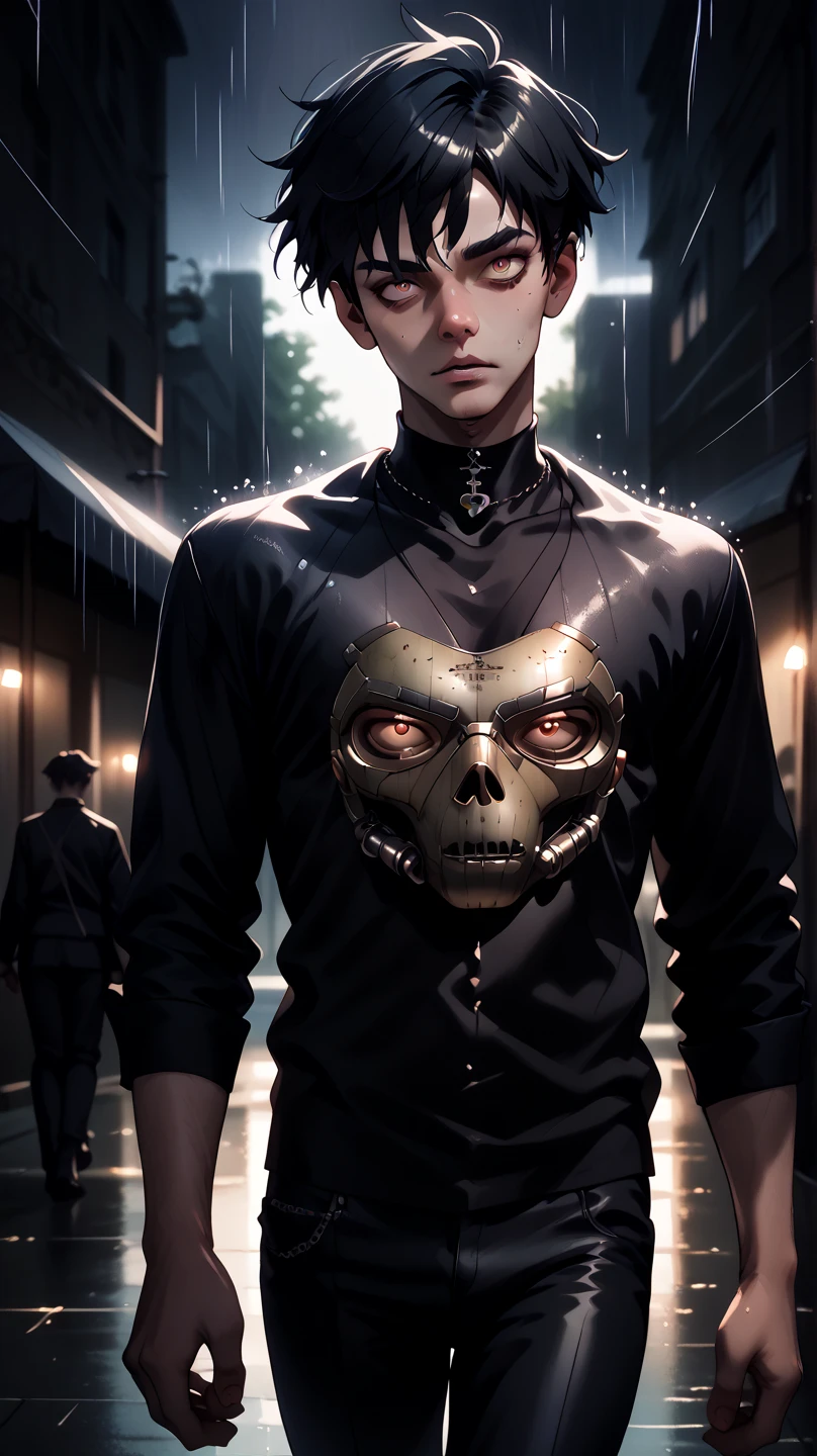   high quality,  8k Ultra HD, ( a tall 20-year-old man in Gothic fashion :  overcoat black and undershirt ,  black pants ,  black hair), He is wearing bioluminescent neutral-looking metal mask, Walking down a rainy night street . The area is dark ,  the atmosphere is dark ,  Creepy and menacing .