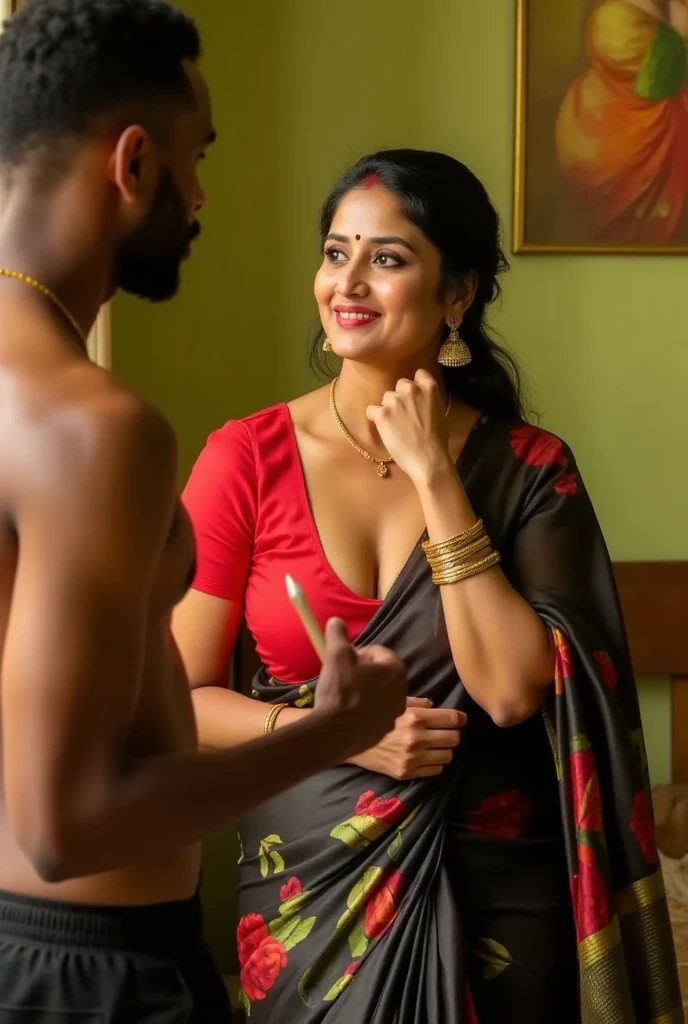 The image is a high-resolution photograph featuring an intimate, indoor scene with two people. The subject is a middle-aged woman, likely of Indian descent, with a medium skin tone, and a well-defined facial structure. She is dressed in traditional Indian attire, wearing a bright red satin  blouse with a plunging neckline that reveals a significant amount of cleavage, showcasing a medium-to-large bust. Her attire, a patterned  black satin saree with vibrant colors such as red,and black, is draped elegantly over her shoulders and partially covering her left breast.

Her hair is neatly pulled back into a low ponytail. She accessorizes with simple gold jewelry, including a gold necklace and matching earrings. Her expression is sexy, looking towards a man  to her left.she holds a dildo in her hand

The African man wearing a black shorts only,The background reveals a domestic interior with green walls, a piece of furniture with a colorful abstract painting hanging on it, and a hint of other household objects, suggesting a warm and lived-in space. The lighting is soft, enhancing the emotional intensity of the moment captured.