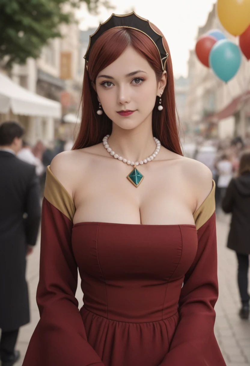 score_best, score_8_up, score_7_up, best quality, masterpiece, realistic, organic photo, smile, hilda boreas greyrat, long hair, red hair, grey eyes,huge breasts, long sleeves, dress, cleavage, bare shoulders, jewelry, collarbone, earrings, wide sleeves, necklace, off shoulder, red dress, off-shoulder dress, festival, colorful balloons, ((blurred background)), 