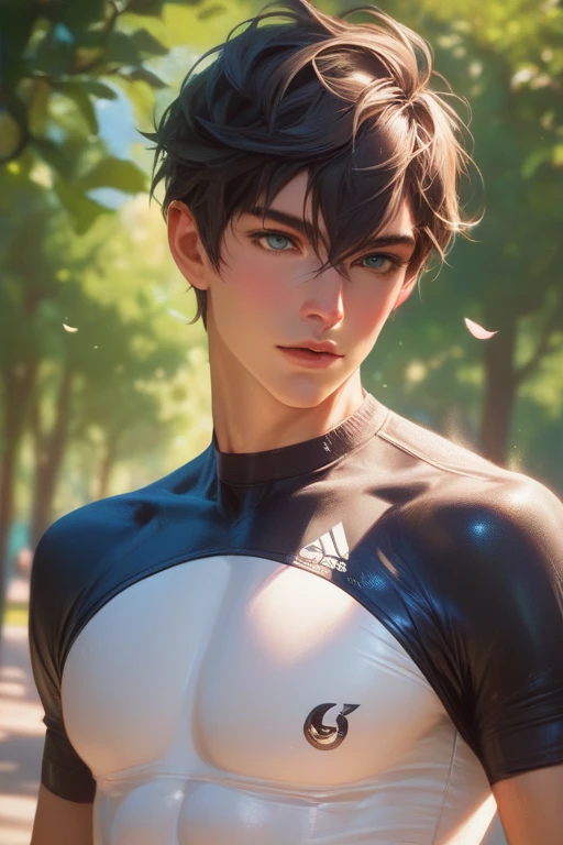 Spandex boy, thin slim skinny, sporty toned man in spandex swimming jammers, idol prince, beautiful, No abs, bare upper body, in a park, Atomically correct,  Best Quality,  high resolution , Realism, 