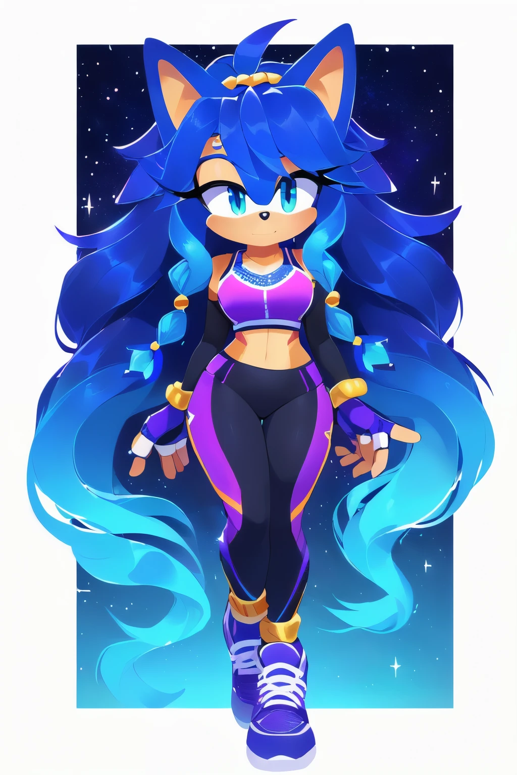 Sonic oc, Mobian, female, sonic the hedgehog but female, Cosmic hedgehog, A beautiful light blue hedgehog, purplish blue eyes, very long hair/quills, braided and beaded long hair bangs, long streaks of hair on each side of her face, (star constellation on hair, beads on hair, smooth fur, slim thick hourglass body, slim fit, wearing a gym outfit, sneakers, fingerless gloves, beaded hair and rings on hair flowing hair,