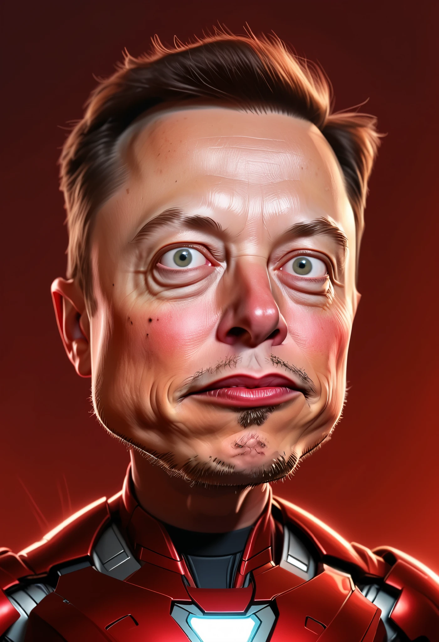 a cartoon caricature of Elon Musk wearing a Iron-Man suit, portrait, exaggerated features with a large nose and big eyes, realistic, detailed, glowing red lighting, 4K.