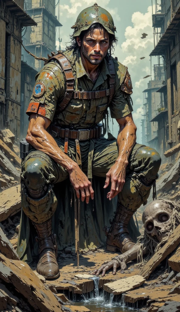 A crying and wounded soldier kneels in a war-torn scene, tears streaming down his face as he mourns the devastation around him. His injured body bears the marks of battle, surrounded by the lifeless and dying bodies of his comrades. 