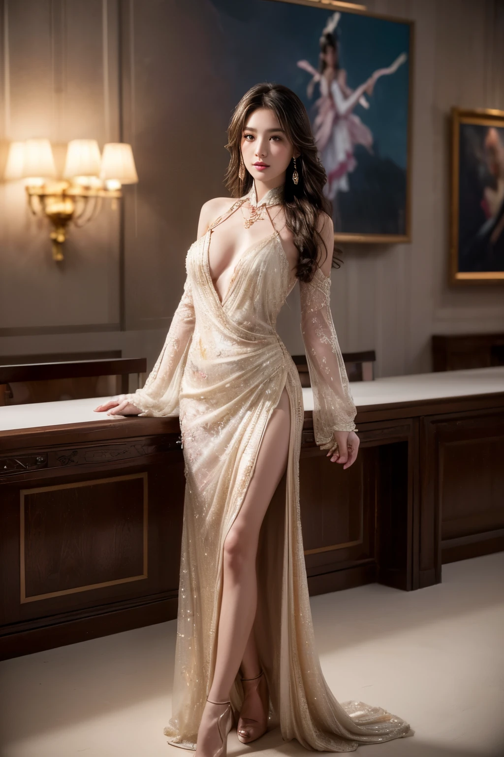 (Best Quality, masutepiece, photographrealistic, ultra-detailliert, 超A high resolution, raw:1.3), (1 woman, Beautiful Japan actress, 25 years old), double iris), (Smile), Detailed face, She has big ring earrings and red eyeshadow makeup.。，light brown delicate middle cut hair，The ends of the hair are wavy，Classy hairstyle，Detailed eyes, (Actress with slender figure，Smaller buttocks，small tits, Smaller hips, sideboob barbosa), (Butt crack, naked waist, Bare back:1.3), (silk mermaid dress:1.2), (from behind), up looking_で_viewer, BREAK black long hair, BREAK (Ceremony, Red carpet, Large crowds:1.5),
