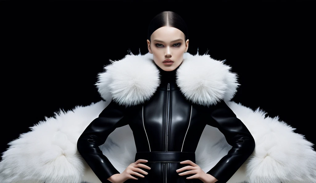high view. ((1 woman, Alone, cruella they will, sexy, two-tone hair, half white and half black hair in soft waves, long hair, seductive makeup on the face, BLACK LIPS, deep red eyes that shine brightly, smile of satisfaction and cruelty.)) ((she is dressed with: black leather clothing, very luxurious black and white fur coat, stiletto slippers, black leather gloves and jewelry)). supported in profile, on the wall leaning with lust, expression of cruelty, coquette, sexy. ((tonos black and white por doquier, particles of opulence)) ((Around: luxurious mansion, autos Rolls-Royce, creed wood and luxurious columns, piso de marmol black and white, old paintings and artifacts on the wall, luz fría y moderna de una mansion black and white.)) ((realist, photo-realist:1.3), Masterpiece, an extremely perfect and beautiful body, extremely detailed pale body, Best quality score, 8k quality, Wide plane, Half body, bust close up, high view, black and white))