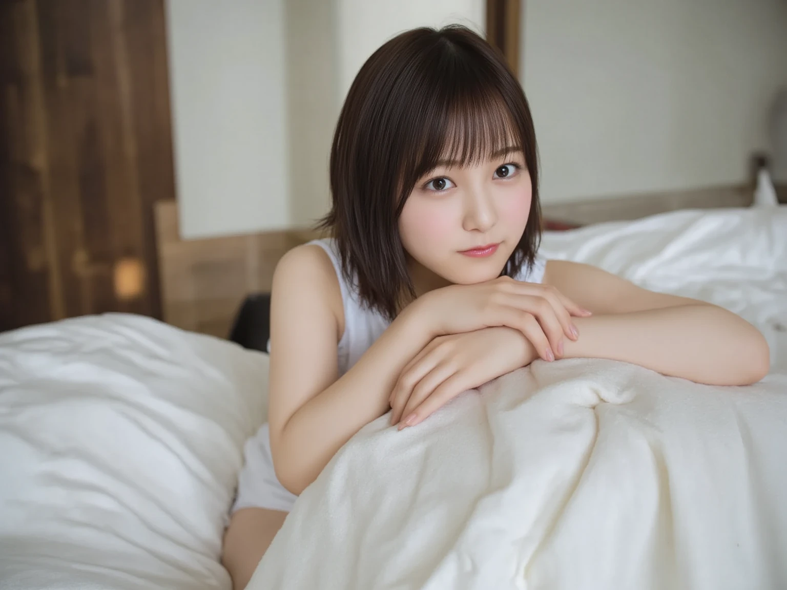 Sleeping in bed wearing see-through one-piece pajamas, The woman has big breasts and a slender body  、 The target woman is photographed from below  