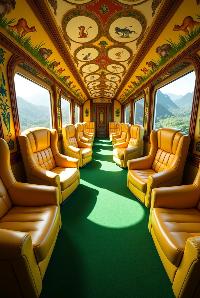  A detailed realistic photo of a train car ,  the wagon has a plush green carpet ,  the painting of the wagon is yellow with images of animals from the Lion King movie ,   there are several armchairs inspired by the Lion King movie the glass windows where you can see the green and mountainous landscapes .  Observation,   I want the wagon with depth , I want the perfect plush Lion King armchairs , As well as all the details ,  I want this train car to impress ren and adults entering this car ,  I want cute ,  with light colors I want 10 armchairs on the side and on the other in the wagon   