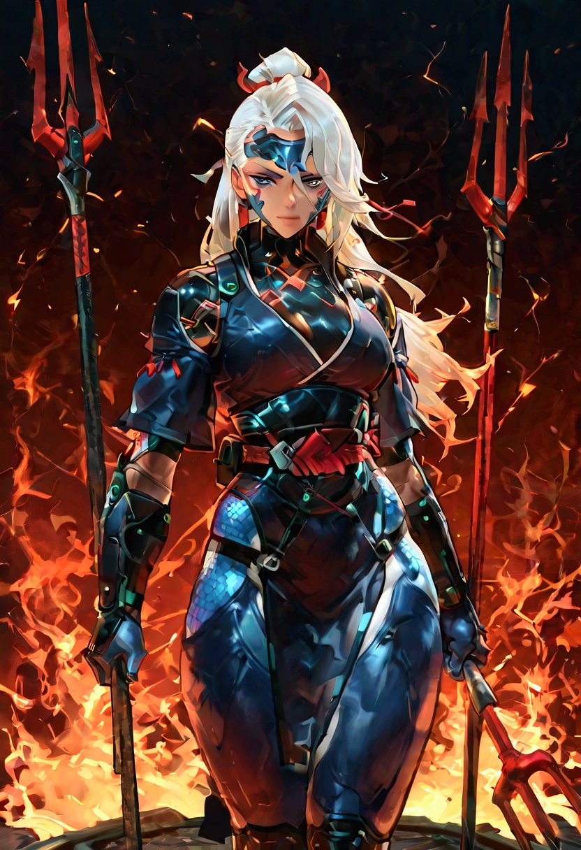 Female merfolk ninja, wearing ninja clothes, cyberpunk, sexy, well-toned abs, wielding a trident