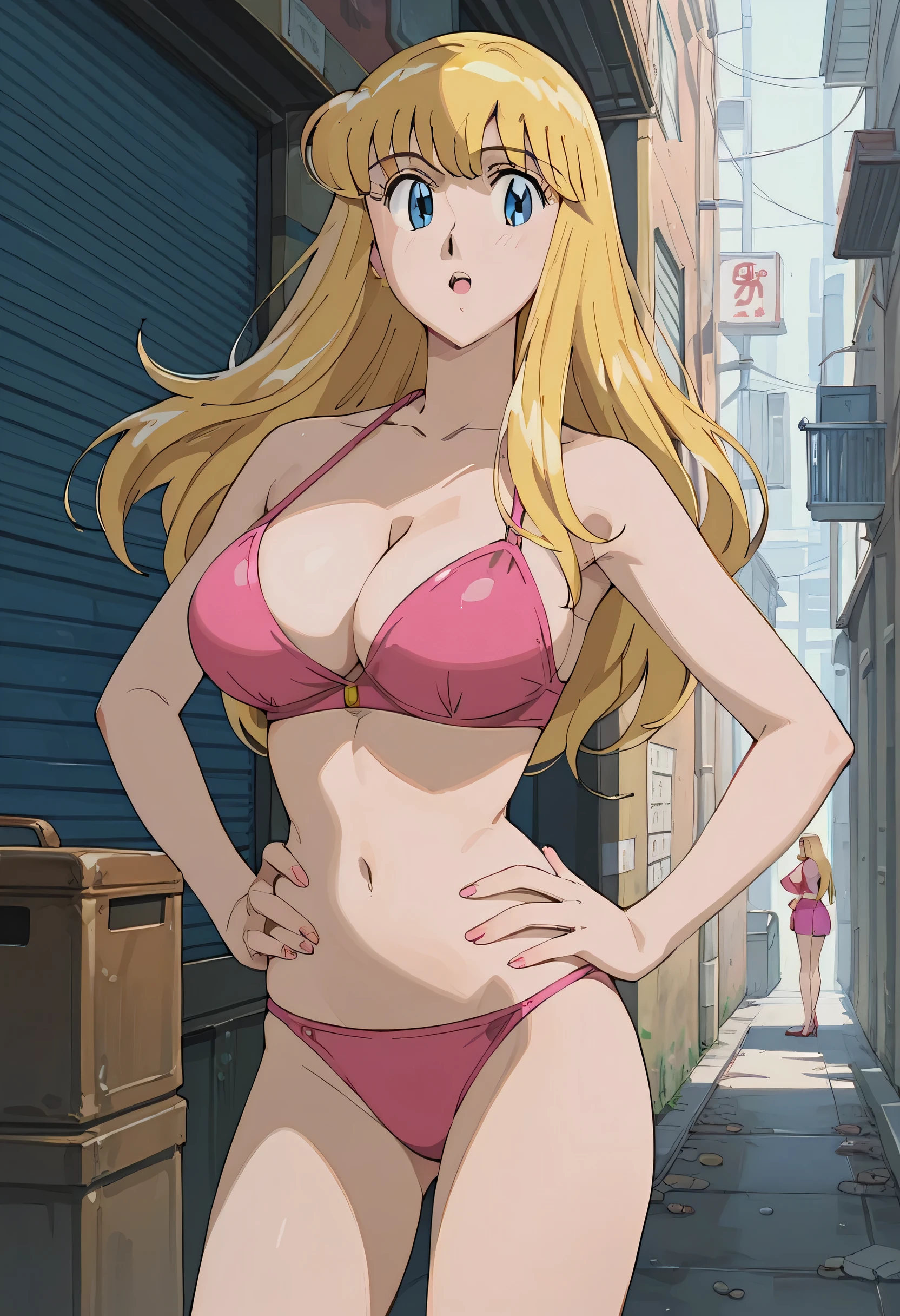 score_9, score_8_up, score_7_up, highres, masterpiece, 1woman, solo, long hair, sexy, r3iko, busty, breasts, blonde hair, anime coloring, large breasts, retro artstyle, cleavage, pink bikini , hands on hips , alley , l00se_t0p, crop top