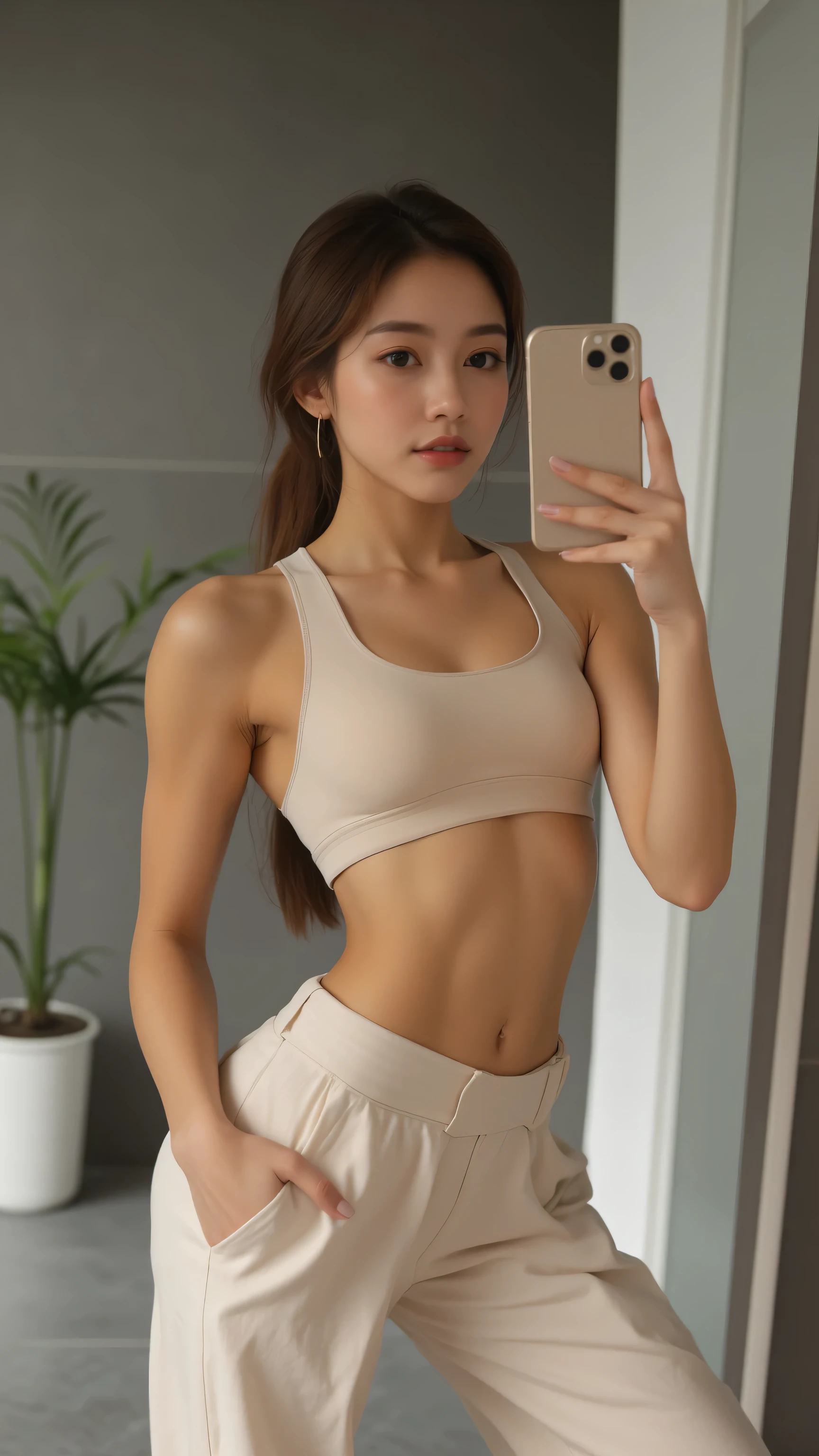 Close-up view of a young woman with a fit physique, posing in front of a mirror. She's holding a smartphone to take a selfie.
She is wearing a light beige sports bra that reveals a toned midriff and a pair of loose-fitting, light-colored, wide-legged pants. Her hair is pulled back from her face.
The background is blurred but shows a modern, minimalist bathroom or dressing area with grey tiles and a simple, white planter visible to the left. The overall impression is one of sleekness and fitness.