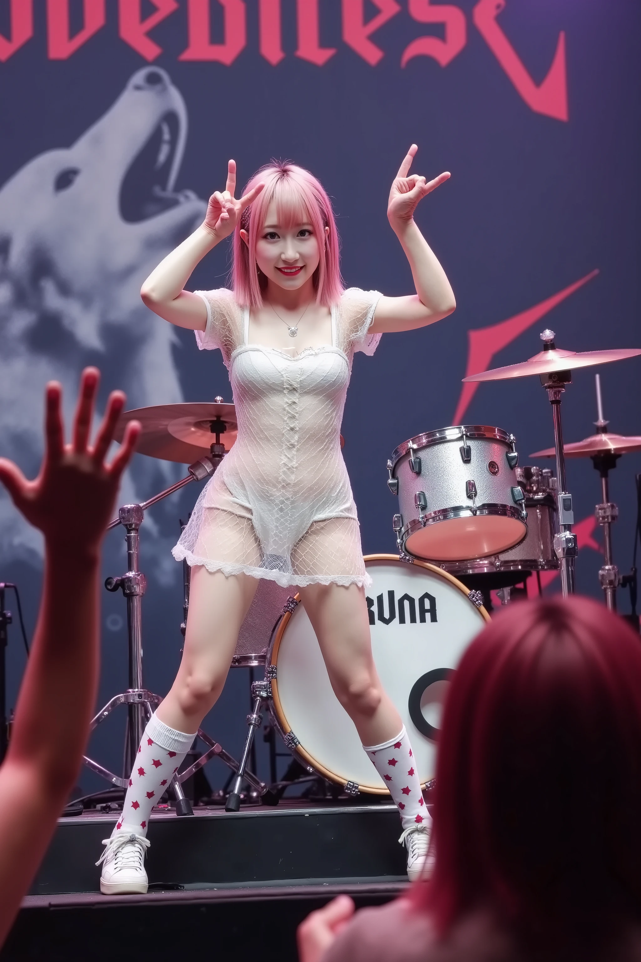 (nude:1.0),(Seductively Posing :1.3),(Pink Hair :1.3), (RAW Photos、highest quality)、(Realistic、Photorealistic:1.3)、highest quality、masterpiece、Very delicate and beautiful、A hVery detailed、Hmph、Sense of unity、2k wallpaper、growing up、Beautiful in every detail、masterpiece、A light smile、highest quality、HVery detailed ticker Unity 8K wallpapers、Large file size、Very detailed、High resolution、Very detailed、(((Singing and dancing with your legs spread apart at a concert:1.55)))、((translucent:1.55、A sailor-style bodysuit with a skin-tight collar that creates a beautiful silhouette...:1.6))、White and navy blue、ribbon、Sailor's hat、Part of an idol group、Spread your legs wide, Spotlight、Professional Lighting、Audience&#39;perspective、
