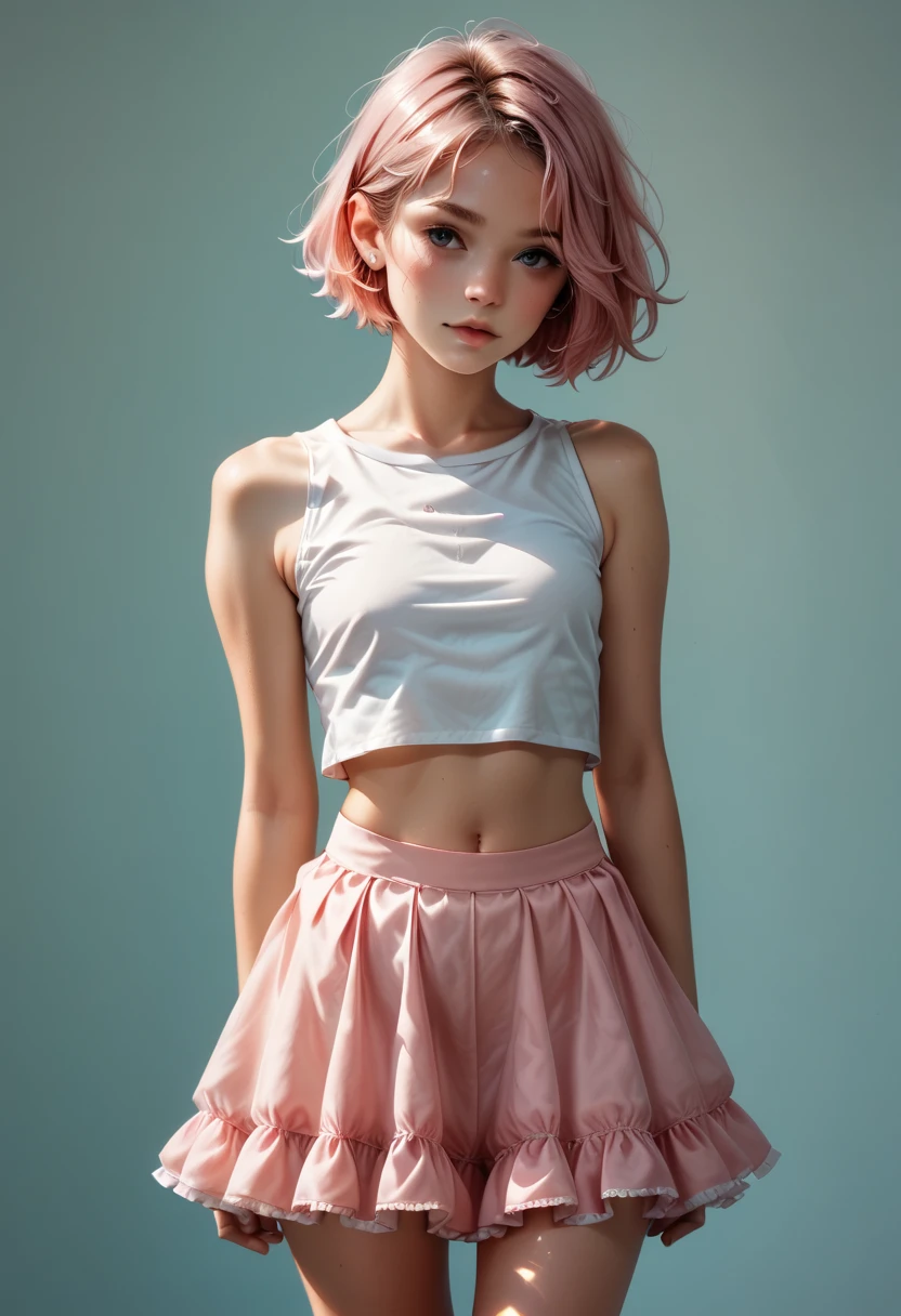  short girl, pink ruffled skirt, standing