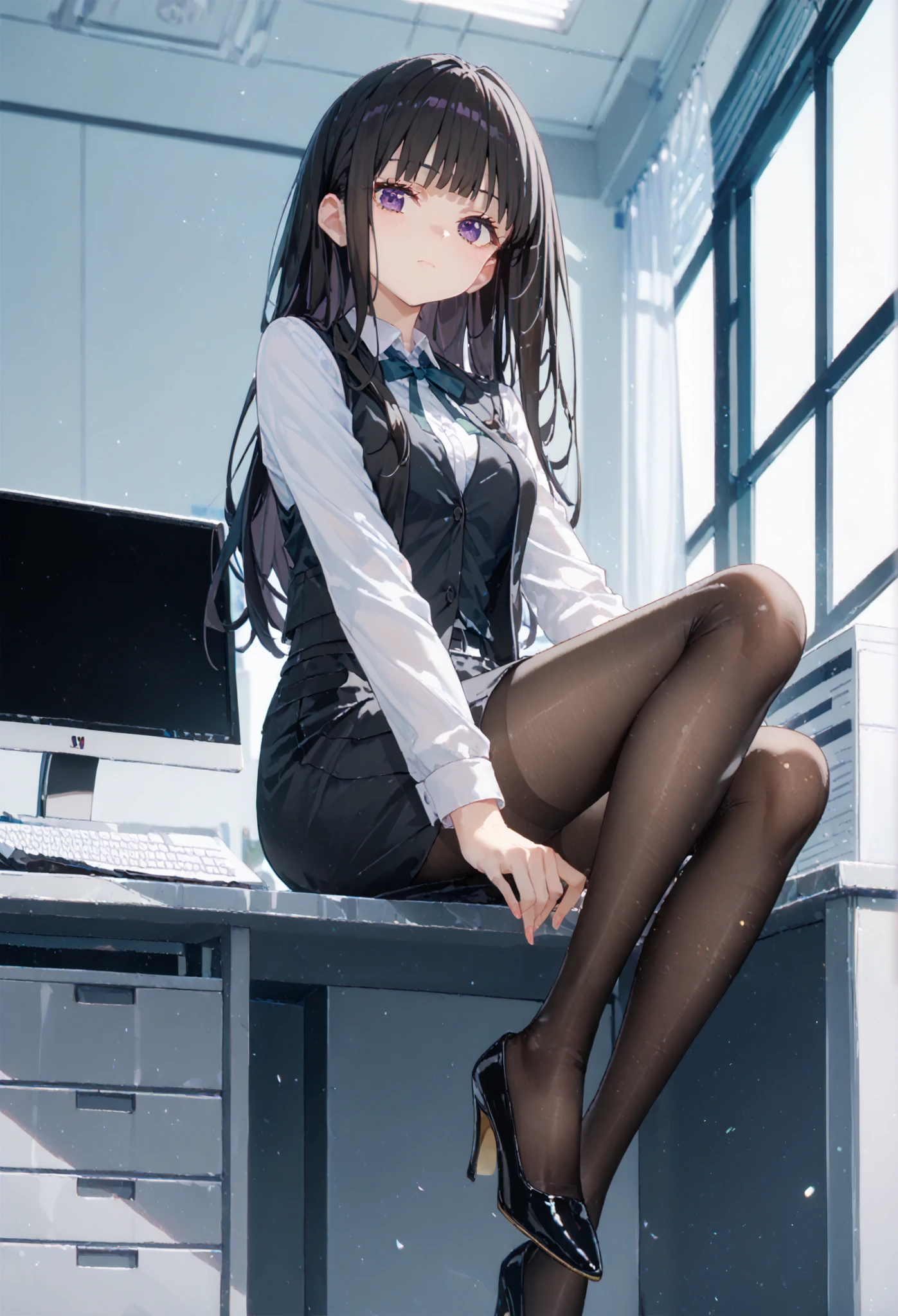 an anime girl in white shirt and office girl skirt with heels, 1girl, solo, pantyhose, breasts, high heels, shirt, looking at viewer,bangs, white shirt, long sleeves, collared shirt, blunt bangs, closed mouth, ribbon, simple background, h neck ribbon,office suits,vest,inoue takina,black hair,purple eyes,office background,computer,window,