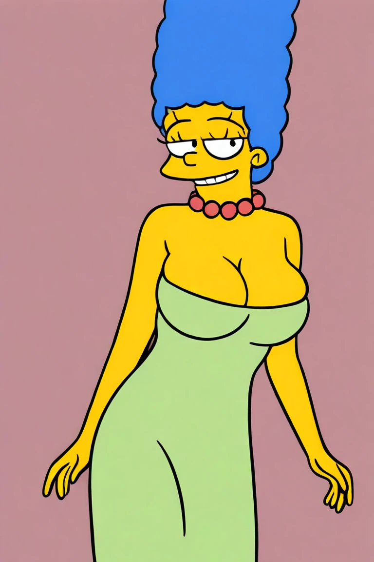 masterpiece, best quality, 1girl, solo, looking at viewer, breasts, margesimpson, yellow skin, afro, big hair, necklace, pearl necklace, strapless dress,mini dress, green dress, high heels.