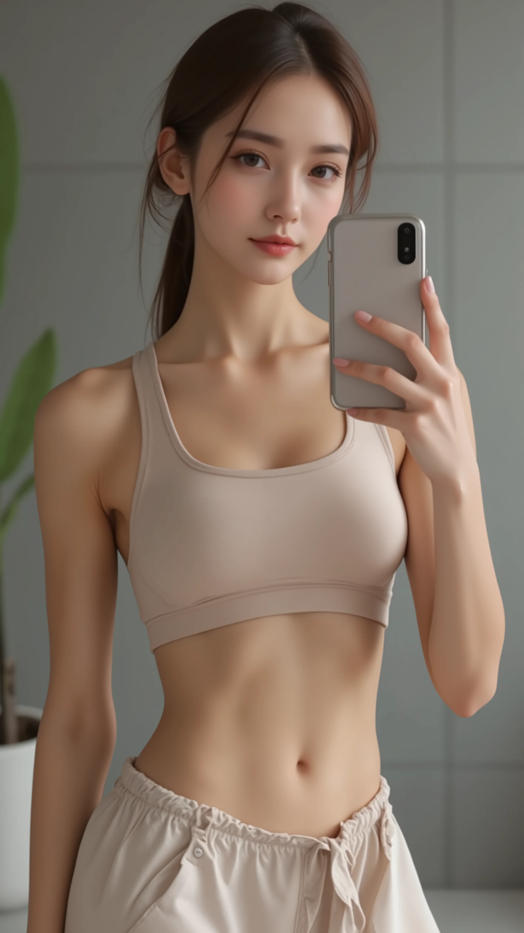 A closeup of a gorgeous woman in a sports bra top, sports bra, brassier, Esporte bom, detailed sports bra, sport bra and shirt, tight push up bra, Bralette, very tight small push up bra, sport bra and shorts, roupas esportivas, peito achatado, parte superior do corpo, Titular Top, Encaixe figura delicada, forma magra e sexy, corpo magro e liso