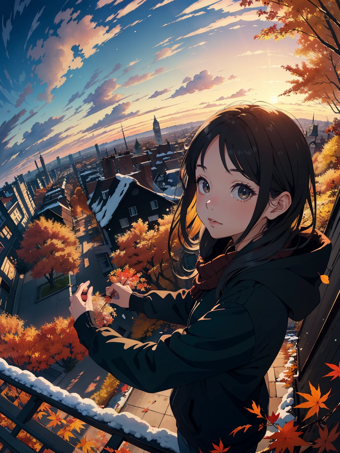 masterpiece，top quality，  high image quality，(  super flat  ，  flat shading   )，  fisheye lens，Overlooking the city in autumn from the park garden， autumn leaves，Snow Scene，Autumn sky，dusk，   Beautiful Sunset  ，Wide angle，  bright color，watercolor,   Ghibli style，Strong winds，  girl  &#39;Lure，