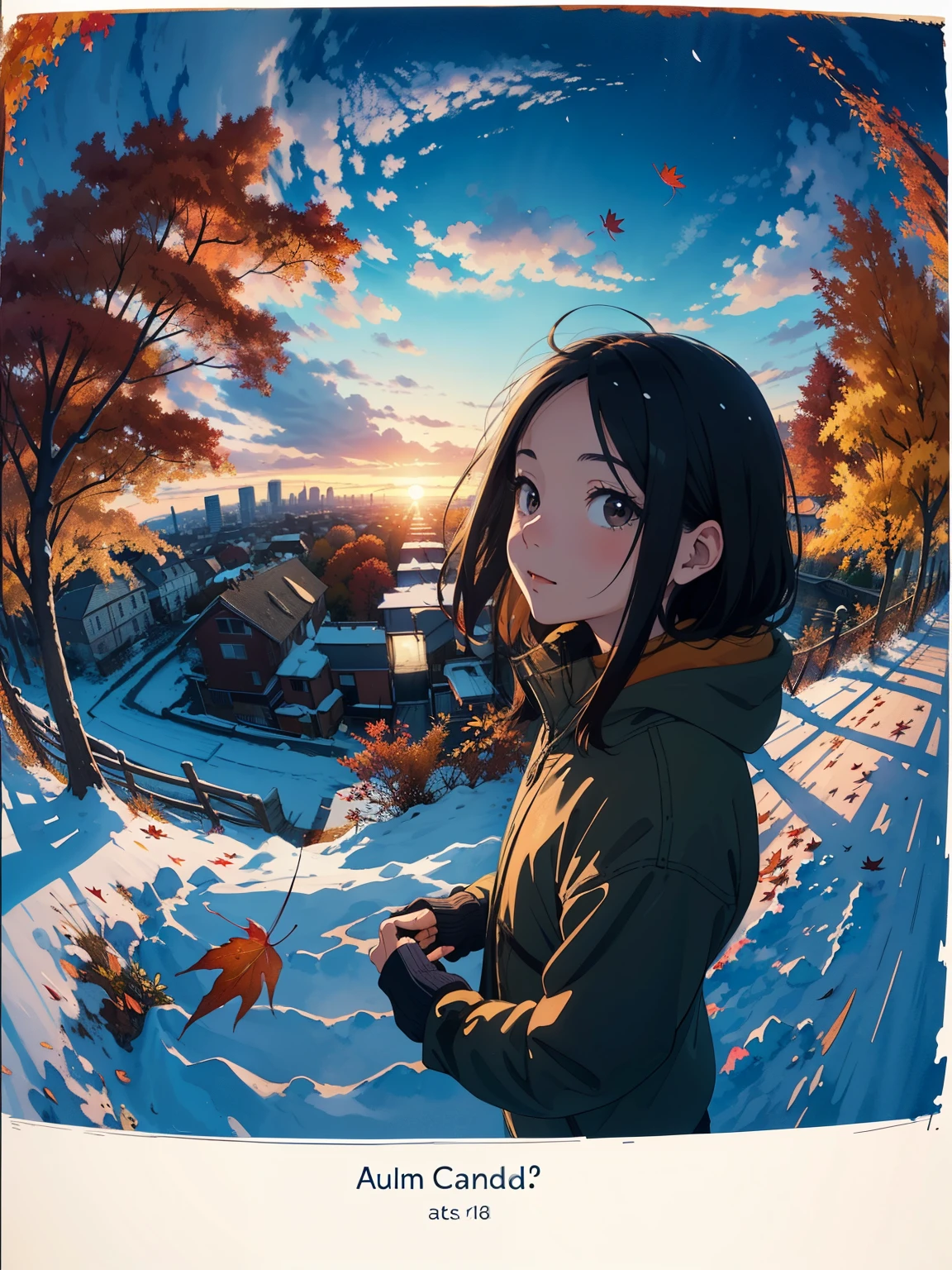 masterpiece，top quality，  high image quality，(  super flat  ，  flat shading   )，  fisheye lens，Overlooking the city in autumn from the park garden， autumn leaves，Snow Scene，Autumn sky，dusk，   Beautiful Sunset  ，Wide angle，  bright color，watercolor,   Ghibli style，Strong winds，  girl  &#39;Lure，