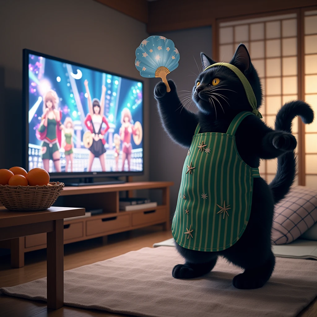 ultra-realistic, photorealistic, dramatic scene, shadow, global-illumination, the human-like giant black cat\(wearing a vertical striped green apron, black cat, dancing at the side of the low table that covered by a heavy blanket, watching TV and dancing identical to the idol on TV, raising a hand, wearing Hachimaki, holding a star printed fan and a bright light stick\), there is a low table fully covered with a light colored checked thick blanket on the large carpet in the stylish Japanese apartment room, a TV and shelf are in the room, the tv displays\(anime, cute anime, detailed big circle eyes, extra long curly haired, smile, 5 girls each colored extra long curly hair of pink and blue and silver and blonde and black with bunny's ears, live performance of a cute young idol singer girl wearing a pastel colored dress, bunny's ears, happy smile, cute girls, singing on stage, spot lighting, dancing, raising a hand\), stylish furnishings, mandarin oranges in the basket is on the low table, in winter,