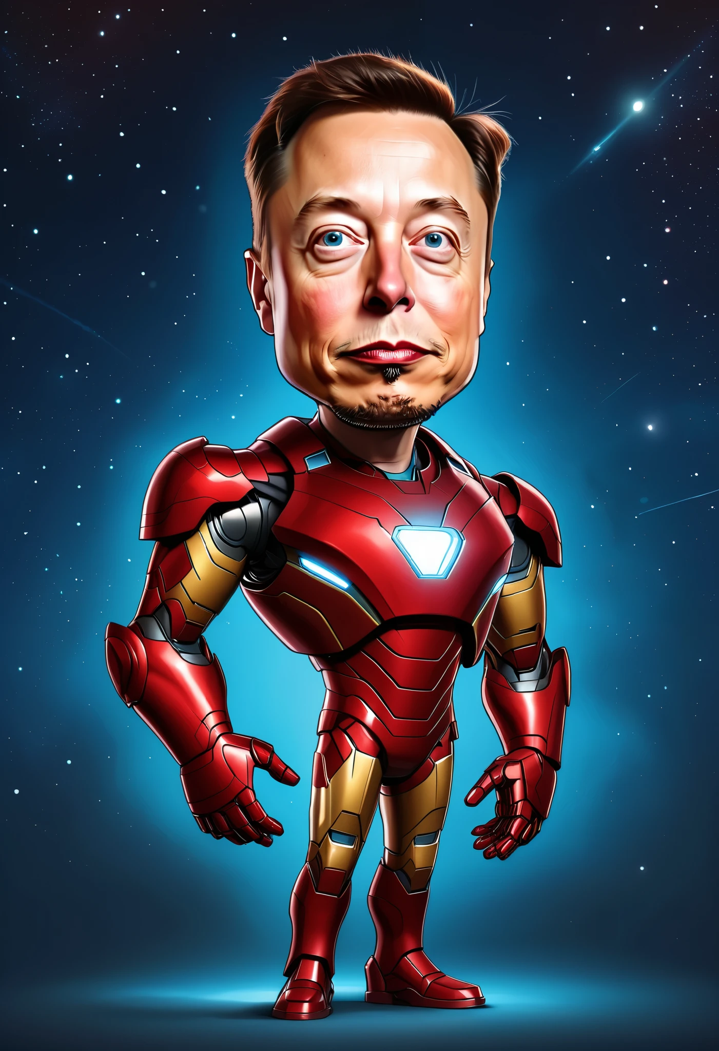 a full-body cartoon caricature of Elon Musk wearing a Iron-Man suit, portrait, exaggerated features with a large nose and big eyes, realistic, detailed, glowing red lighting, 4K. Earth from space background.