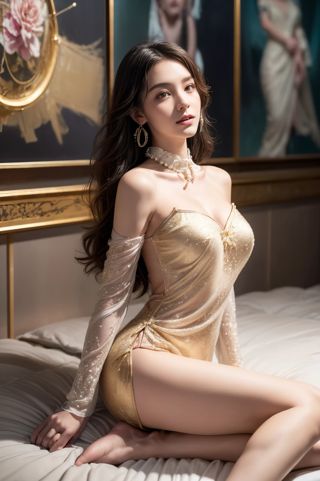 Gal gadot in(((Silk ao dai))), cowboy shot, pov, Nikon, 135mm, backlighting, anatomically correct, textured skin, super detail, UHD, masterpiece, large breasts, satin, (aroused), ((lying)) on bed, blush, smile, seductive, legs wide open, panties, cameltoe
