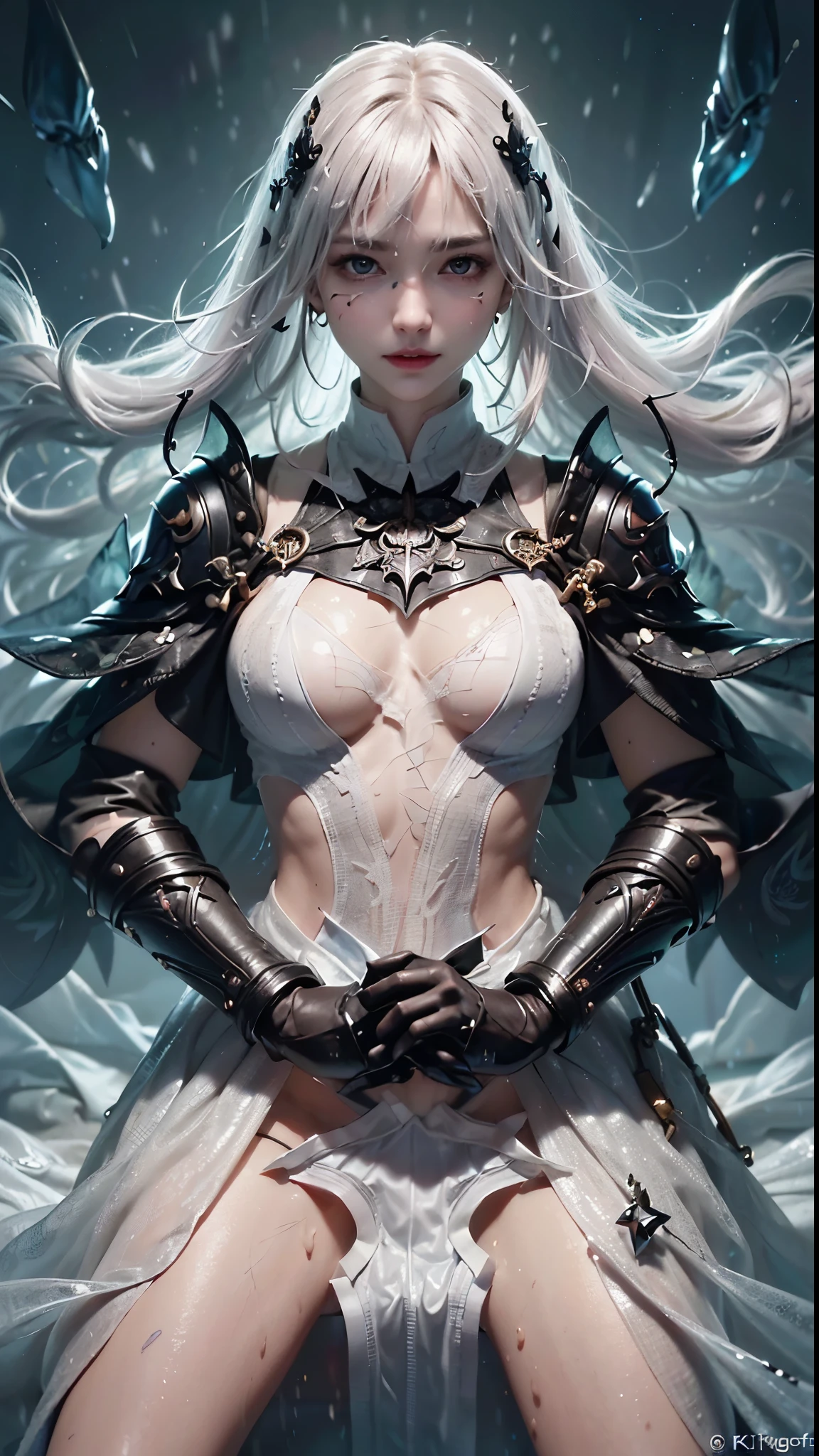 Best quality, delicate face, 25-year-old girl, slim body, body made of metal, small bust, metal structural skeleton, seaside, standing posture, beach, huge spaceship floating in the air, cyberpunk, sci-fi