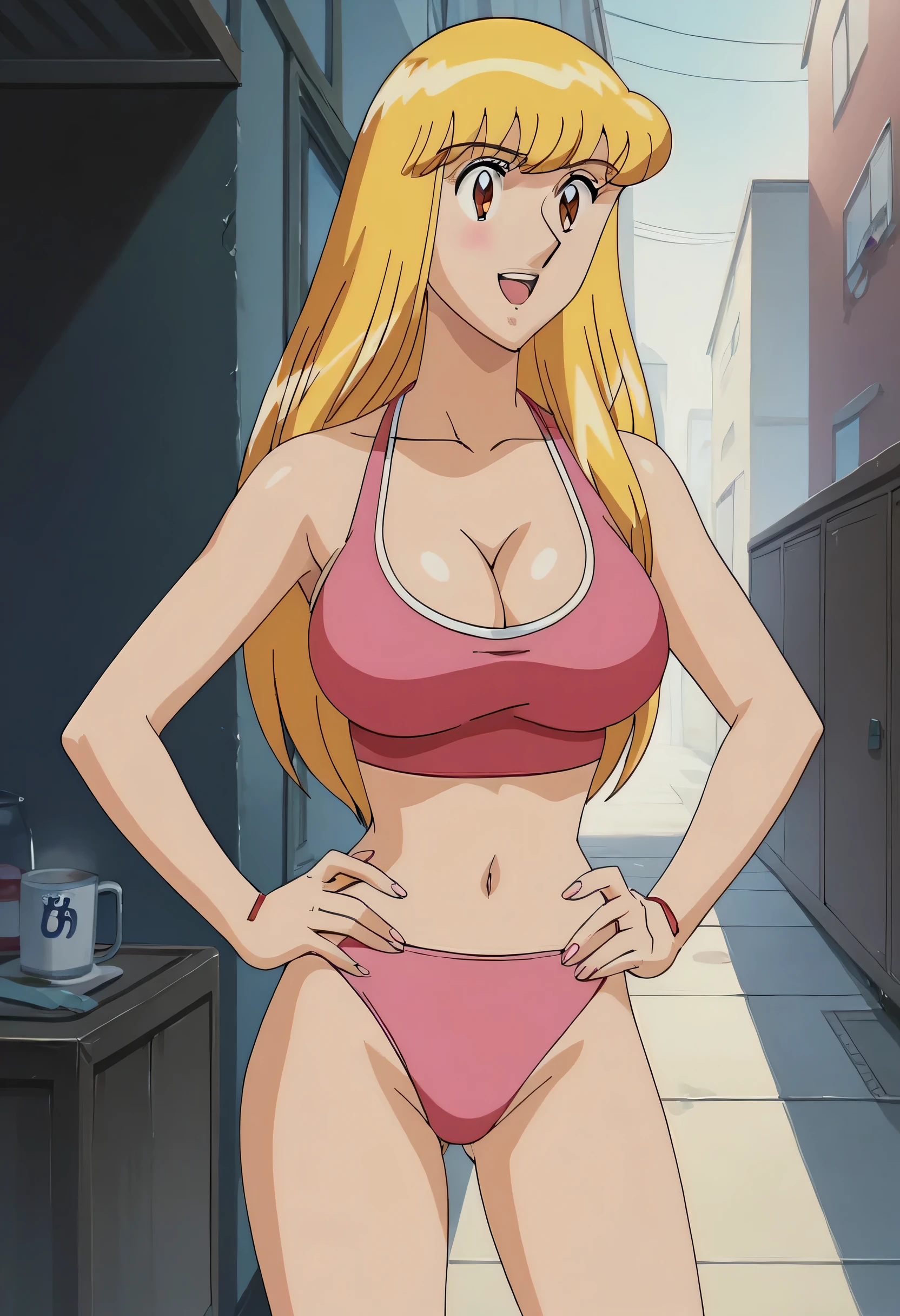 score_9, score_8_up, score_7_up, highres, masterpiece, 1woman, solo, long hair, sexy, r3iko, busty, breasts, blonde hair, anime coloring, large breasts, retro artstyle, cleavage, pink bikini , hands on hips , alley ,long legs, barefoots , l00se_t0p, crop top