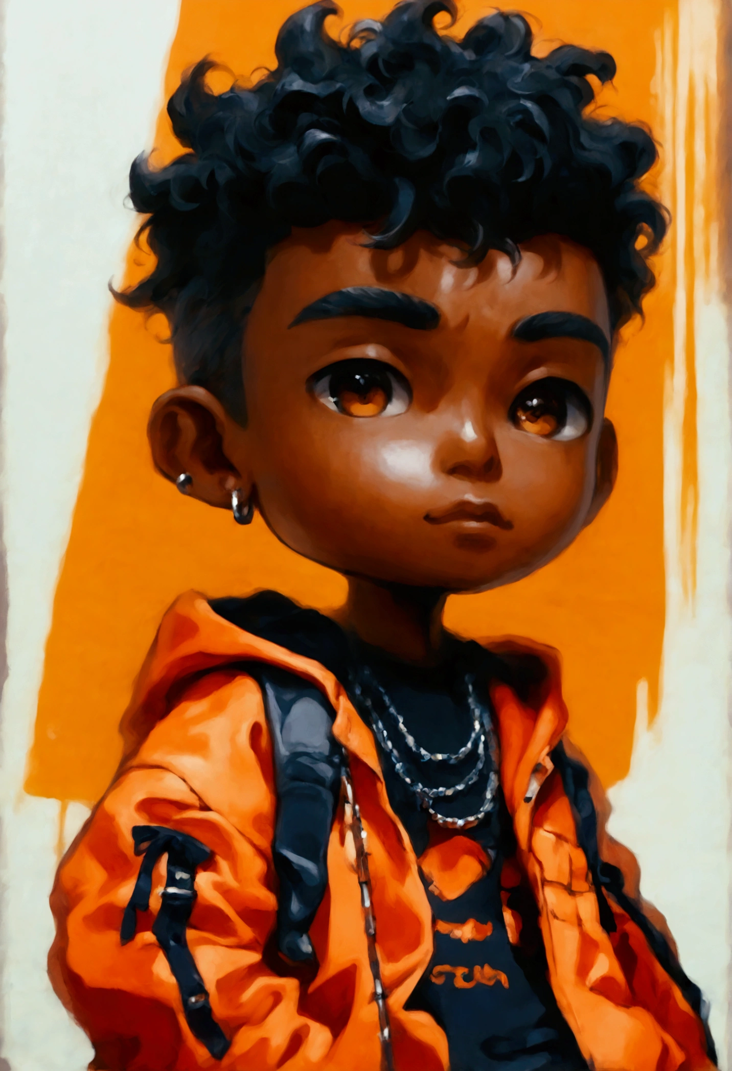 # **Prompt:** # “A chibi-style man character with dark skin  black guy . A rapper-style and orange and black as the main colors. stands against a plain white background. The overall design emphasizes a fun and dynamic aesthetic with small proportions and expressive features.” anime　 style for stilets　 sunglasses　whole body