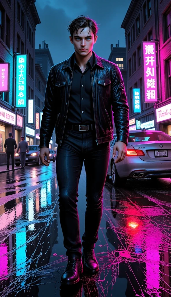 ( masterpiece,  better quality,  High resolution,  32k ,  extremely detailed CG :1), ( unity wallpaper faint illustration on stage :1.0), ((1 handsome young man:1.55 by Cyberpunk :1. 5 dancing in the rain :1.54 )),(( Cyberpunk Night City:1.4)),  neon signs futuristic cars ,dark place rain, (( wet clothes magenta neon lights that illuminate the young man perfectly:1.45) . 32k