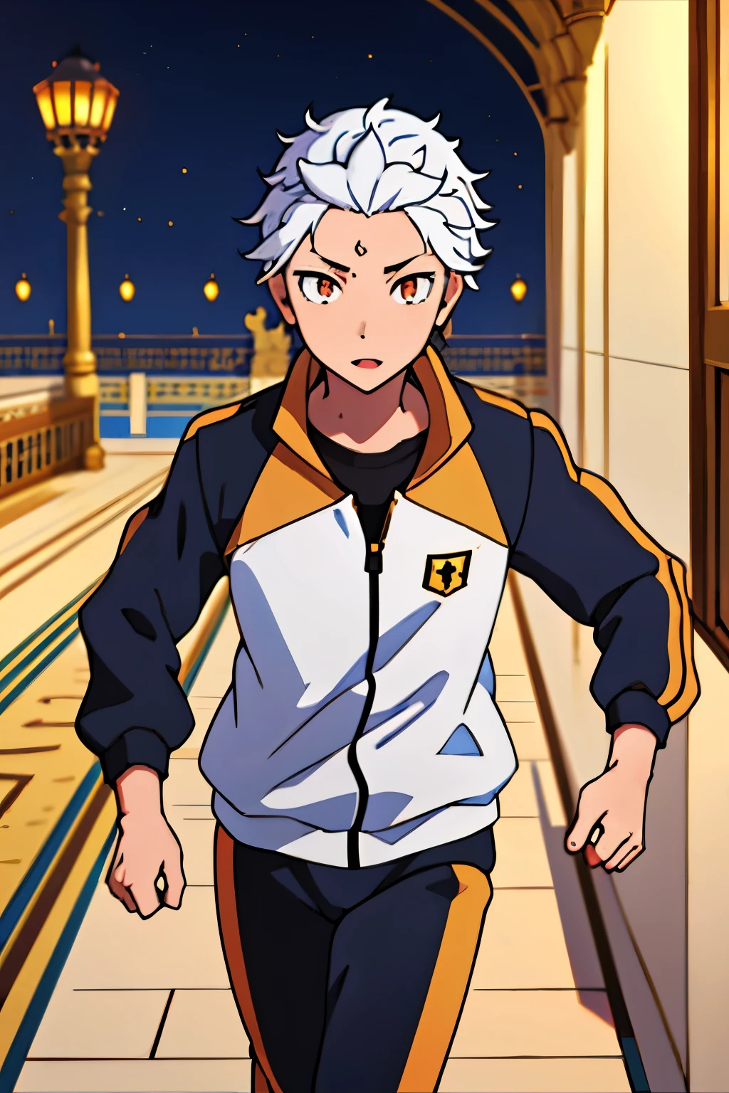  Moroccan masterpiece ,  best quality, , 1 Boy, Alone,  male focus ,  regardant Viewer , ,  Depth of field , Subaru_Natsuki, white hair, golden eyes , combinaison de jogging, 