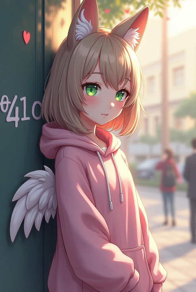 A gamer girl with fox ear, his eyes colour is lite green, and his and his age is 20 years and his back on the wall written notagamer07, and he wear a lite pink colour hoodie with wings