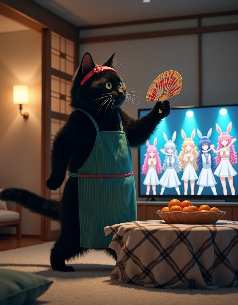 ultra-realistic, photorealistic, dramatic scene, shadow, global-illumination, the human-like giant black cat\(wearing a vertical striped green apron, black cat, dancing at the side of the low table that covered by a heavy blanket, watching TV and dancing identical to the idol on TV, raising a hand, wearing Hachimaki, holding an idol girl printed fan\), there is a low table fully covered with a light colored checked thick blanket on the large carpet in the stylish Japanese apartment room, a TV and shelf are in the room, the tv displays\(anime, cute anime, detailed big circle eyes, extra long curly haired, smile, 5 girls each colored extra long curly hair of pink and blue and silver and blonde and black with bunny's ears, live performance of a cute young idol singer girl wearing a pastel colored dress, bunny's ears, happy smile, cute girls, singing on stage, spot lighting, dancing, raising a hand\), stylish furnishings, mandarin oranges in the basket is on the low table, in winter,