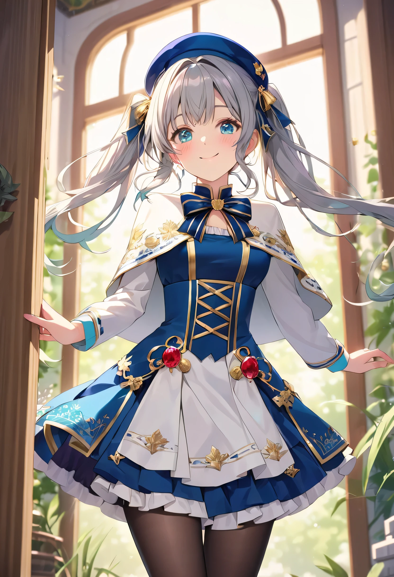 ((ultra-detailed)),   (highly detailed CG illustration),  (best quality:1.2),  ultra-highly detailed,  colorful composition, artistic photoshoot, 1girl, solo focus,  ((thigh to top:1.4)), ((cowboy shot:1.4)), moe anime character, teenage girl, dainty facial structure, (baby face), (round face), ((rounded chin:1.2)), ((ideal ratio body proportions)), celia-default, celia claire, blue eyes, sparkle eyes, silver hair color, two side up, (oriental blue and white strips hair ribbon), ((white capelet with gold decorations:1.4)), ((White cloak with gold decoration and cyan lining:1.4)), white frilled shirt, long sleeves, (oriental blue corset dress with gold decorations), (deep royal blue neck bow with ruby jewelry:1.4), black pantyhose, (oriental blue beret), purple tiered skirt with white ruffles, white lace panties, (pussy line), dynamic pose, skirt lift up, low angle, purple footwear, expecting, pink cheek, blush, light pink gloss slip,  standing by the window in a room decorated in rococo style, portrait, depth of field, soft lighting, sidelighting, (shine), lighting, caustics, ray tracing, smile, perfect face, lustrous skin, highly  detailed face, highly detailed eyes, perfect face, perfect nose, perfect hair, perfect eyes, perfect anatomy, beautiful hair, beautiful small face, extremely detailed face, beautiful detailed eyes, beautiful clavicle, beautiful body, beautiful huge breasts, leavage, breasts squeezed together, equalize the size of the left and right breasts, beautiful thin thighs,  beautiful legs, beautiful fingers, 4 fingers, 1 thumb, lovely, (very detailed background:1.0), (highly detailed background:1.0), spring aesthetic, intricate details, joyful atmosphere, spring colors palette, chromatic aberration