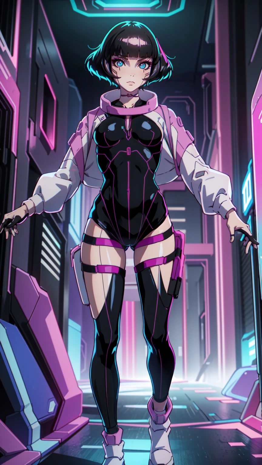 Create an illustration of Sasha from Cyberpunk: Edgerunners. She is a young netrunner with a slender and agile physique, reflecting her hacker lifestyle. Her hair is short, (black hair), messy, and brightly colored, often with neon highlights like electric blue or vibrant pink. Her (blue eyes) have a sharp, tech-enhanced glow, hinting at cybernetic implants. Sasha wears a sleek, tactical bodysuit designed for mobility and stealth, primarily in shades of black and dark gray, accented with neon lines that pulse softly with her netrunning activity. Her gloves are fingerless, exposing cybernetic fingertips perfect for interfacing with technology. Completing her look are combat boots and a utility belt filled with small hacking tools and gadgets. The overall vibe is a mix of futuristic hacker aesthetic and street-smart edge, blending style and functionality. walking on the floor, with pink botes, dinamic poses,