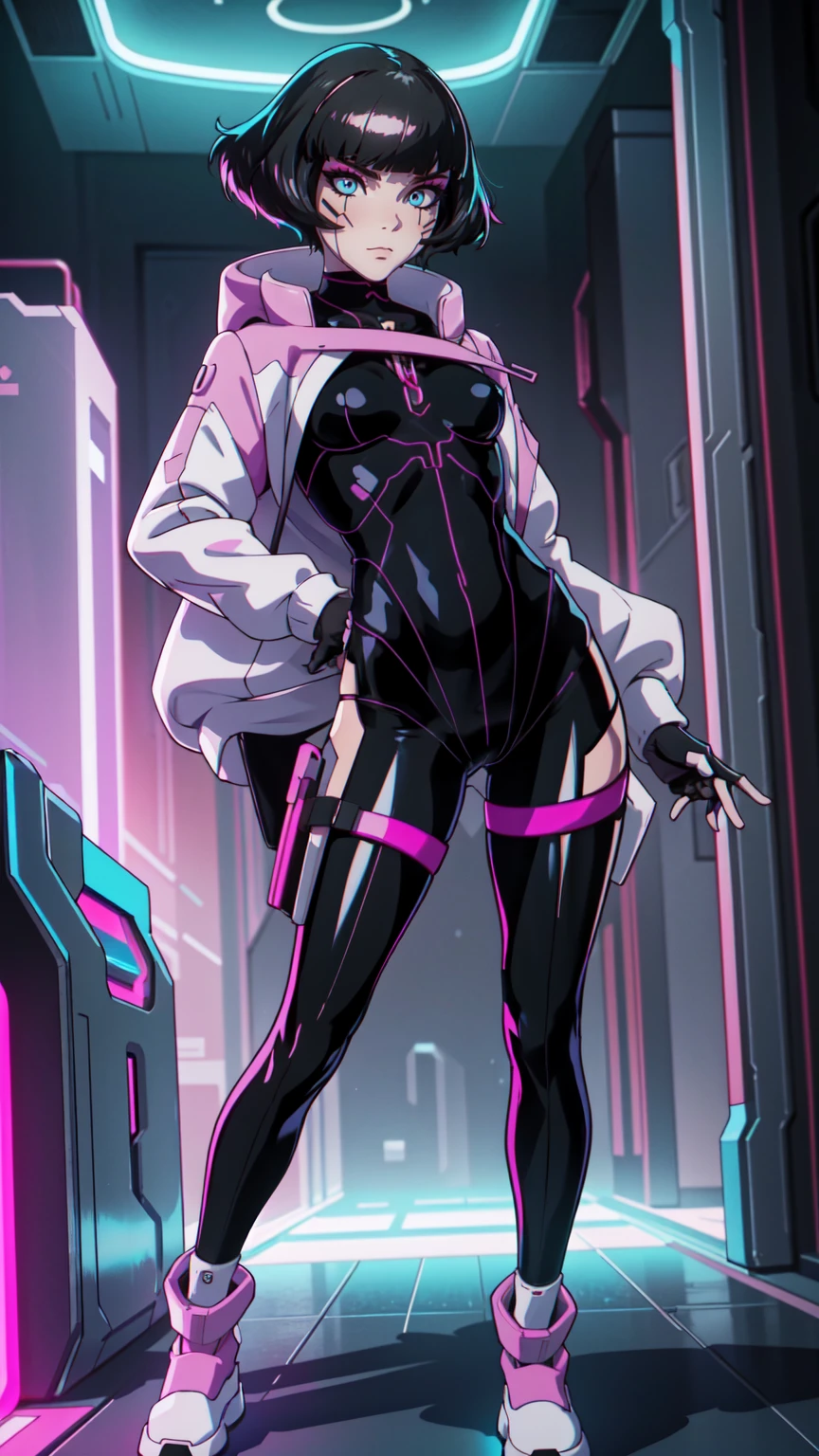 Create an illustration of Sasha from Cyberpunk: Edgerunners. She is a young netrunner with a slender and agile physique, reflecting her hacker lifestyle. Her hair is short, (black hair), messy, and brightly colored, often with neon highlights like electric blue or vibrant pink. Her (blue eyes) have a sharp, tech-enhanced glow, hinting at cybernetic implants. Sasha wears a sleek, tactical bodysuit designed for mobility and stealth, primarily in shades of black and dark gray, accented with neon lines that pulse softly with her netrunning activity. Her gloves are fingerless, exposing cybernetic fingertips perfect for interfacing with technology. Completing her look are combat boots and a utility belt filled with small hacking tools and gadgets. The overall vibe is a mix of futuristic hacker aesthetic and street-smart edge, blending style and functionality. walking on the floor, with pink botes, dinamic poses,