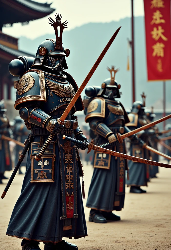  Space Marines from the Edo period doing ceremonial combat exercises at a monastery training ground Like an image. ocean,  people wearing full combat equipment ,  they practice with their training partners using wooden practice weapons .  traditional training equipment and banners are visible around them .  Photorealism  &  style for stilets: Medium shot from the side ,  show Marines in action .  The lighting is natural and concentrated ,  It emphasizes disciplined movement within the traditional setting of the training ground .