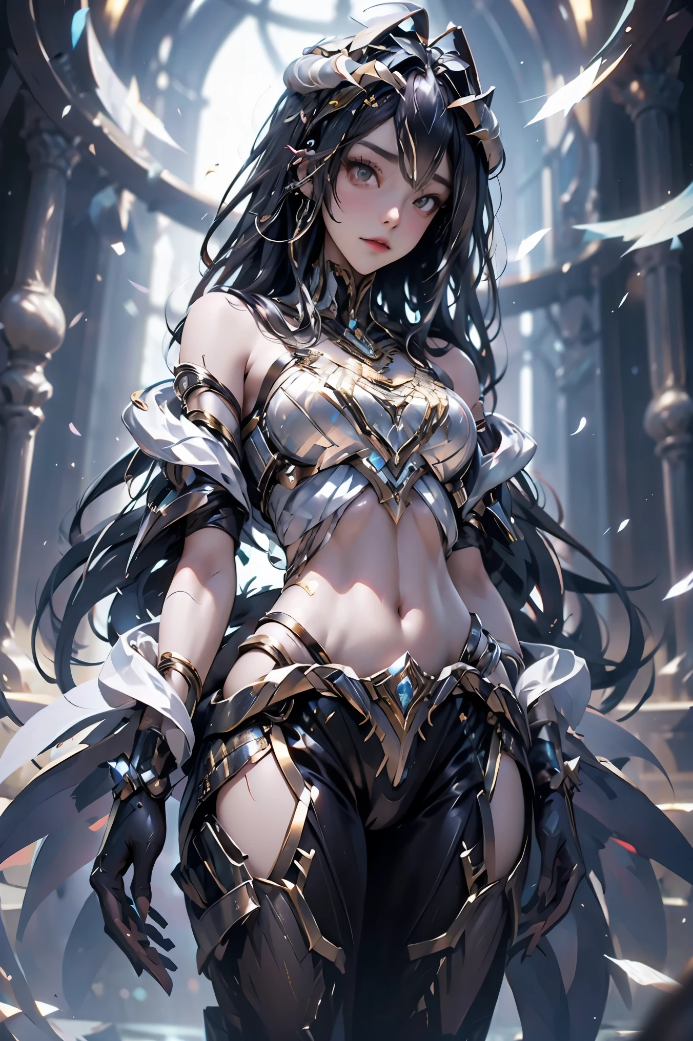 (masterpiece), best quality, expressive eyes, perfect face, Girl,long dark iridescent hair, iridescent eyes, small waist, small breast , large thighs,samurai suit