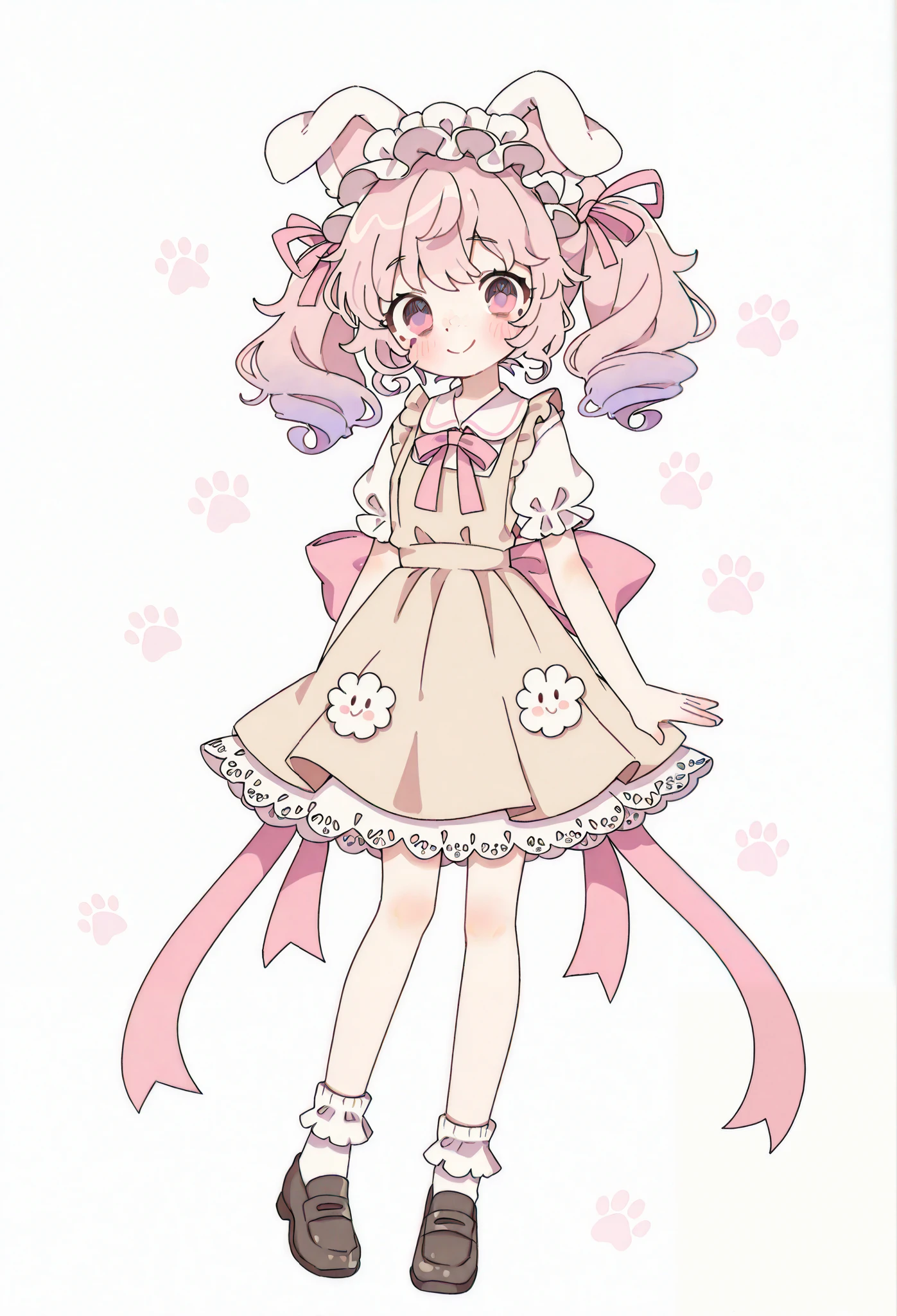 twin tails, gradient color hairstyle , Curly Hair, light pink and light blue half 、 One Girl , Alone, smile, ribbon, Details , Droopy Dog Ears , Droopy eyes, Eyes sparkling, white dog footprints inside pink people 、Symmetric, Character portrait, eyes , ribbon, Anime, Anime style, High Definition Model , flat chest small breasts white and light brown dress Shoes point dog footprints on clothes , Big brown and white lace big ribbon on the head Alone, 髪の色はライトピンクとライトブルーの twin tails縦ラップヘアカラーはライトブルーとピンクのツートンカラーの twin tailsヘア Pink eyes トップにかわいい大きなribbon