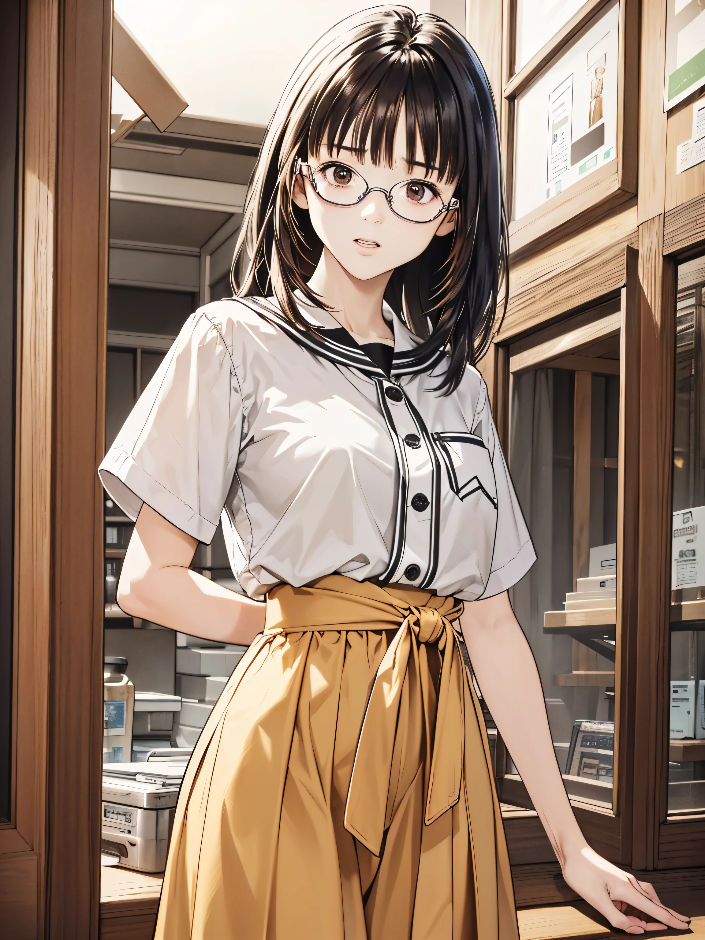 (8k、 top quality 、masterpiece:1.2)、( realistic、 ultra-detailed、 super A high resolution、 1 girl、、 beautiful detailed face、narrow、( slim waist) :1.3)、Autumn Clothes、 、 skin texture、Floating Hair、 Professional Writing 、服、Wearing glasses、 Human body、Brown Hair、(Timid、 quiet 、Junior high school students、 embarrassing)、((Wearing glassesる))、