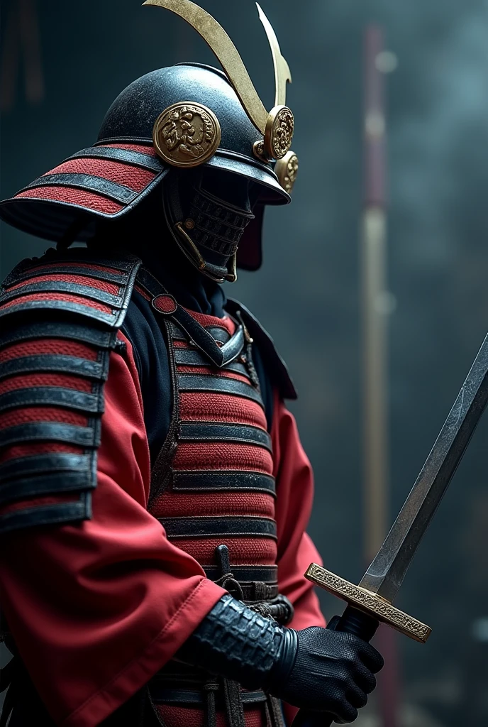 Fallen Samurai,embers,gloomy and creepy atmosphere,Red Samurai,dramatic  lighting,Cracked Red Armor, intricate details,A Lost Battle,Fading Glory,Ghostly Shadows,foggy background,Face under the mask,Majestic Helmet,A lonely figure,Rising smoke,Doomed Fate,Grim Ruins,Majestic Composition,Military Honor,desolation,Fire fighting,A sinister presence,Ash and smoke,Bloodstained Earth,worn-out armor,determination,Glyph of Courage,The End of the Samurai Era,A devastated battlefield, Standing in the middle of the battlefield [Muted color palette],[subdued tones],[Intrusive atmosphere:0.9]