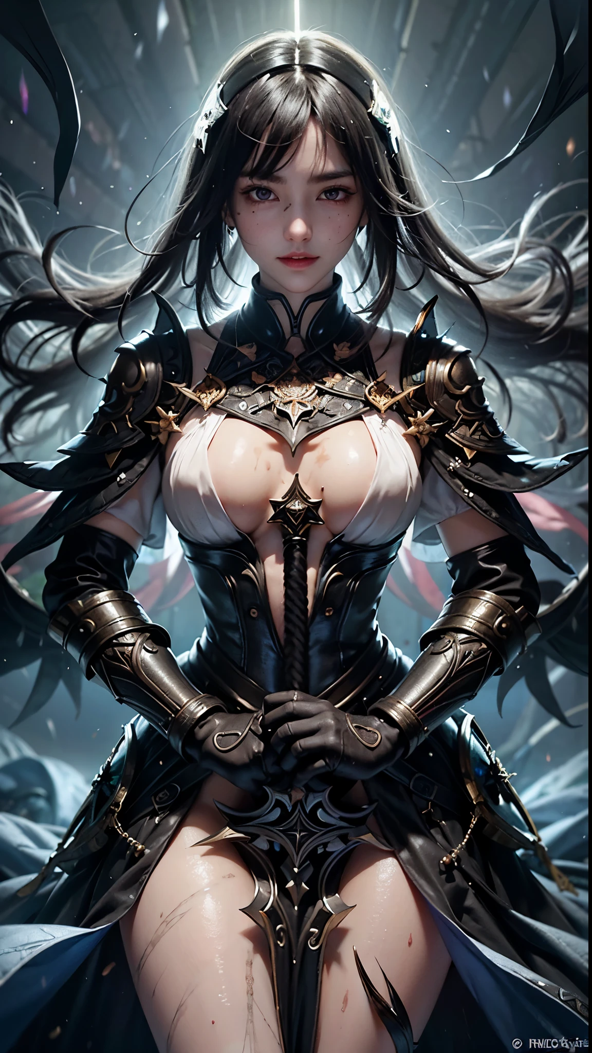 Masterpiece, great black and white anime works, style of Japanese manga masters, black and white art, line art, pen drawing art, a mature woman wielding a huge iron sword (from below: 1.5) (((in the pool: 1.2))) (Full body standing)))) (Solid color steel armor inspired by Victoria's Secret), (Broken + Costume: 1.5) (Full body pose: 1.5), (Krounchana: 1.5) Hips ((Lower chest +Upright under the bra)), (double eyelids) (delicate makeup) (fantasy: 1.2), battle woman, full body armor, fire element, (mythology: 1.5), exposed navel, thong, (large panorama: 4), wide angle, (dramatic: pose), (ethereal: lighting), (mysterious: atmosphere), (complex: details), (carefully designed hair + design), (ancient artifacts), human warrior woman (carefully designed necklace bracelet earrings gemstone pendant inspired by Harry Winston) (Sacred: Light), (Spiritual Essence) (Evocative: Expressive), Long Legs, 180CM Height, (Daring: Brushstrokes), (Epic: Proportional) Masterpiece 16K --s2