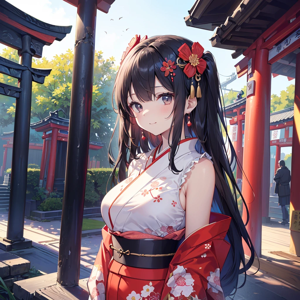 cat ears big breasts princess cherry blossom shrine maiden shrine maiden costume black hair shrine