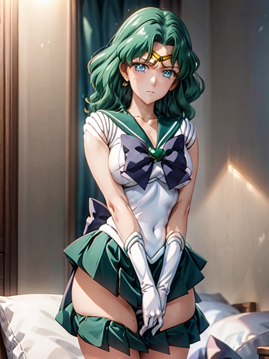 sailor neptune, 1 girl, green hair, short hair, blue eyes, detailed eyes, simple background, female focus, alone, Standing, Michiru Kaio, portrait, full body, (Masterpiece:1.0), (best quality:1.0) , (wallpaper 8k:1.0), (detailed beautiful face:1.0), (detailed deep eyes), deep eyes, looking at viewer, sailor scout, blue bow on chest, green skirt, white gloves,