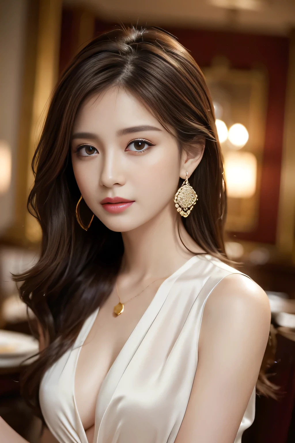 masterpiece, Highest quality, Realistic, Very detailed, Finer details, High resolution, 8k wallpaper, One beautiful woman, Wear a good silk shirt, In a great restaurant, At night, Light brown messy hair, Perfect dynamic composition, Beautiful and beautiful eyes、Big earrings、chest、Sleeveless shirt、