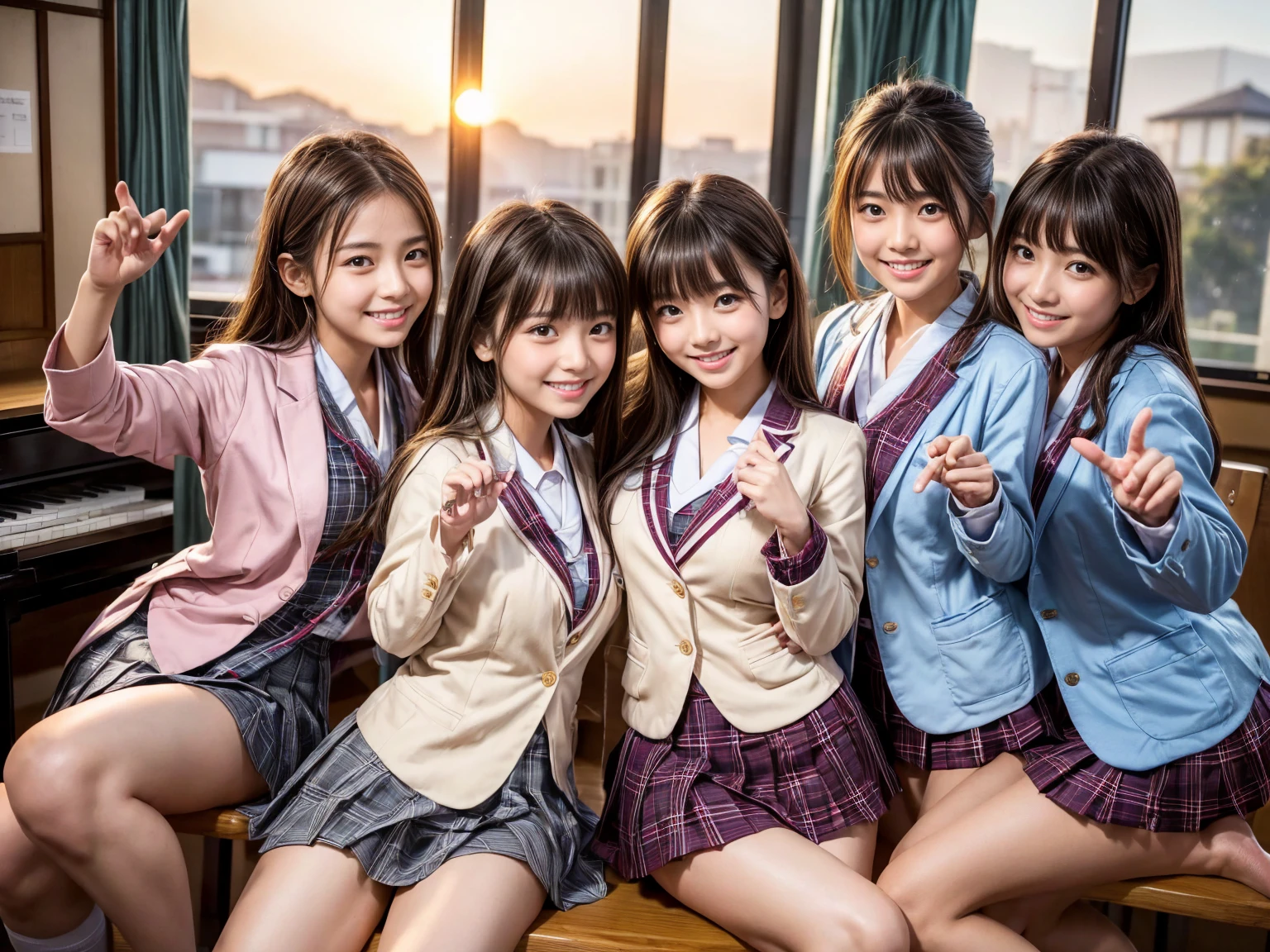 best quality，8K，smile，blazer，20 girls，ribbon on uniform，chool Graduation Ceremony,middle School girls，Girl groupultiple girls are depicted，Harem，idol group，photo shoot，long hair，wearing a cardigan，highest quality，big breasts，happy girl,horny girl，yellow eyes，perfect face，standing position，girls hugging each other，letting down one&#39;s bangs，beautiful eyes,corridor,girls hugging each other,smooth hair，multicolored hair colors，naughty girl，beautiful girl，beautiful girl，loose socks