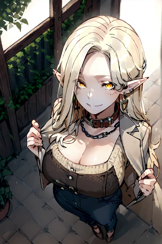   long hair,  Big Breasts,  Blond hair , traje negro , yellow eyes, elf ears,  Collar around the neck, earrings, smile,  from above,  full body 