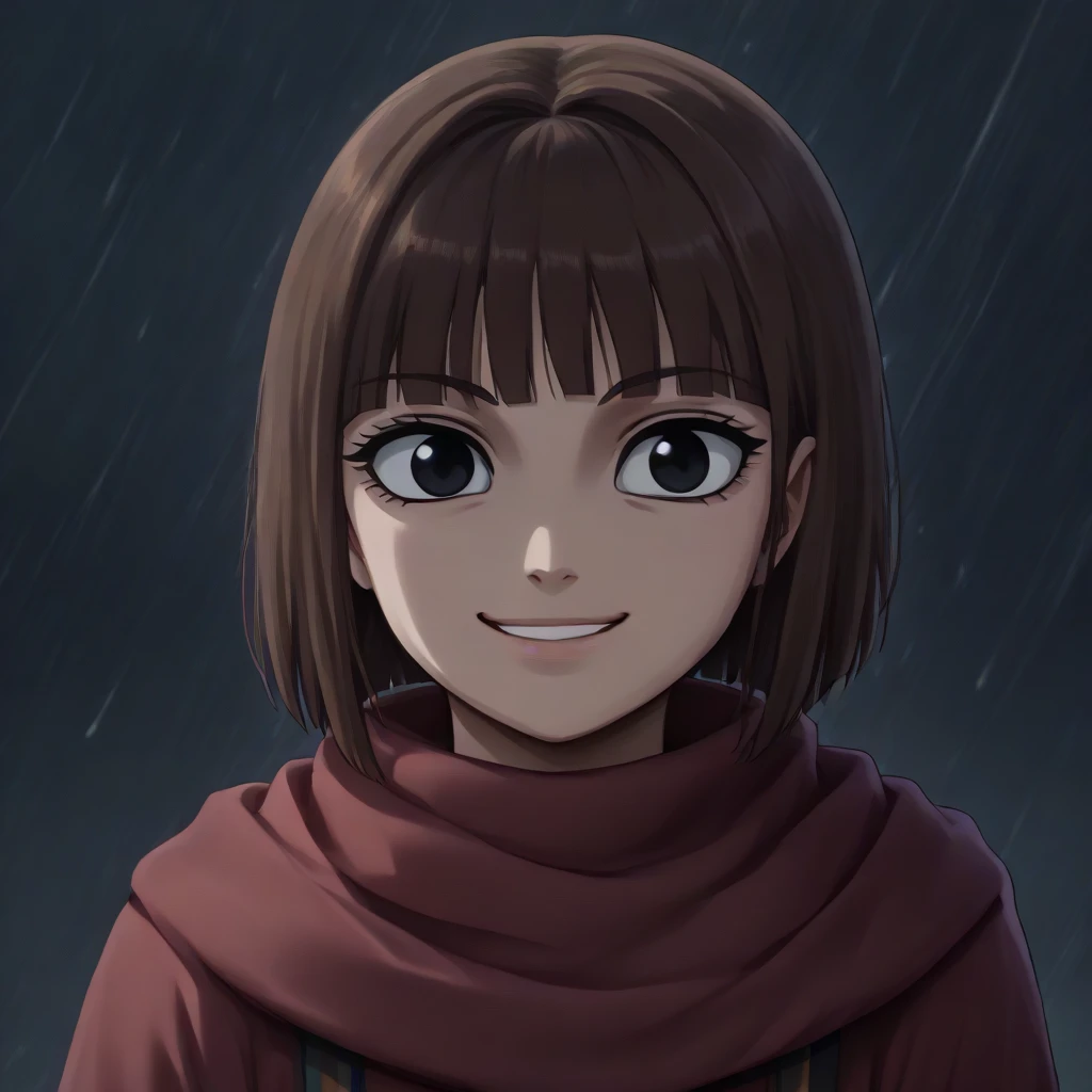 Fujifilm, UHD, masterpiece, textured skin, high details, best quality, highres, 8k, 16k  ((((brown hair long hair bob cut   hair style   black eyes   no pupils  ))))   score_9, score_8_up, score_7_up,  (1child)  kyoukai  cowl   (((((Seras Ashrain ))))) (((((evil smile)))))