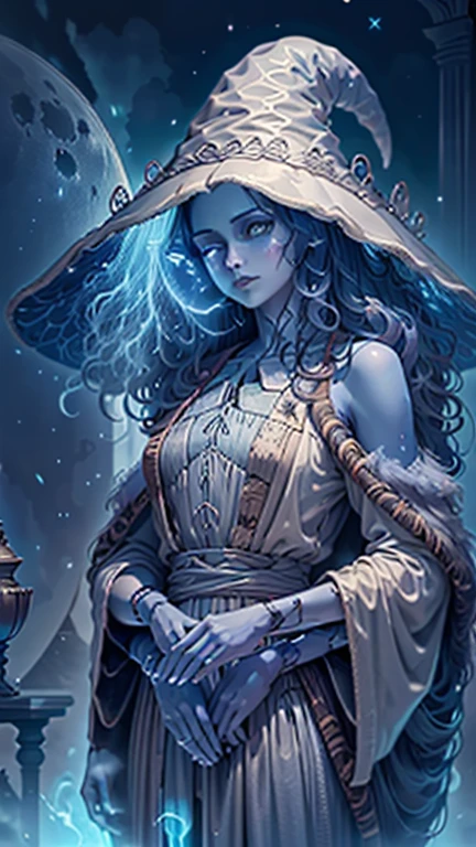 Luna Ranni a woman dressed as a witch , , alphonse mucha and rossdraws, glowing blue, priestess in a conical hat, cgsociety, half body, upper body, pale blue skin, blue flowing long hair, four arm, good anatomy hand, five fingers hand, detailed clothes, glowing eyes,